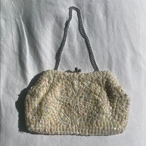 Vintage Cream Sequin Purse with Beaded Flower Motif